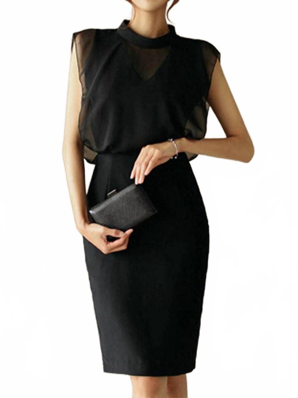 NEW VIVIDLUX sleeveless gauze hollow see-through stand collar midi dress in blac